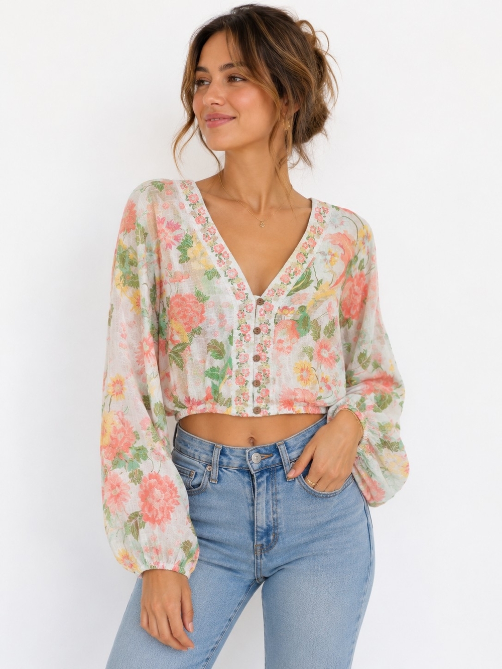 Rose & Olive Pastel Floral Cropped V-Neck Button Blouse